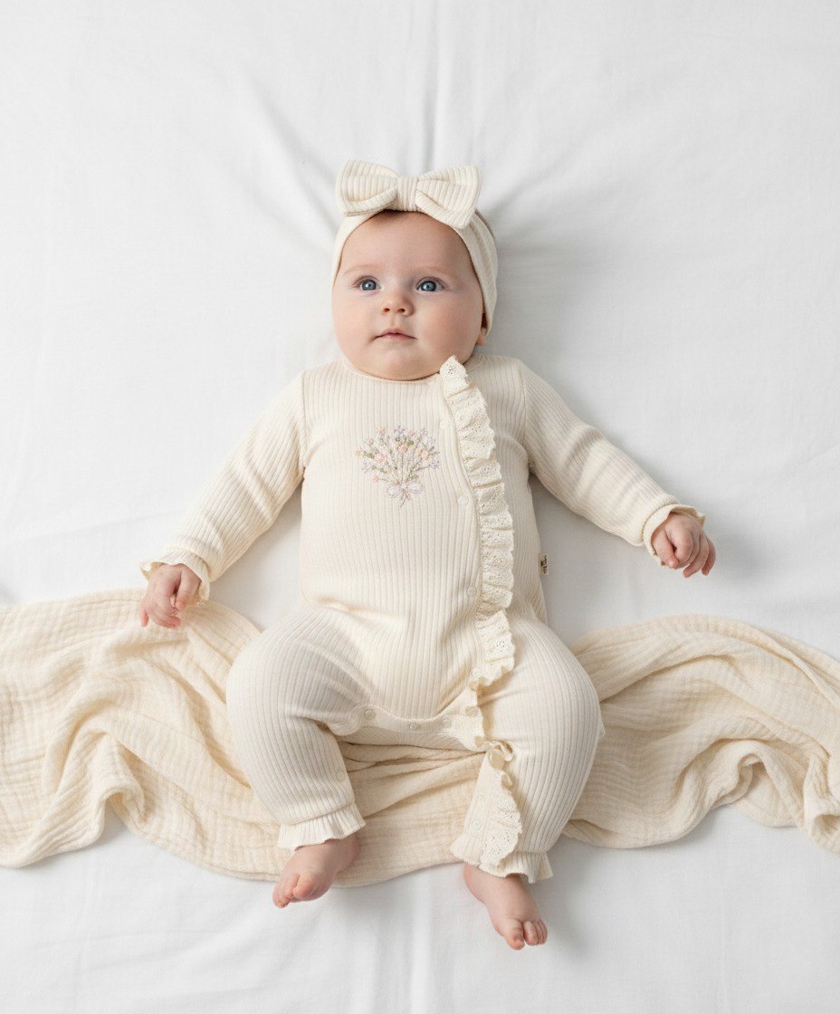 Ensemble bébé en maille côtelée avec bandeau – Élégance naturelle
