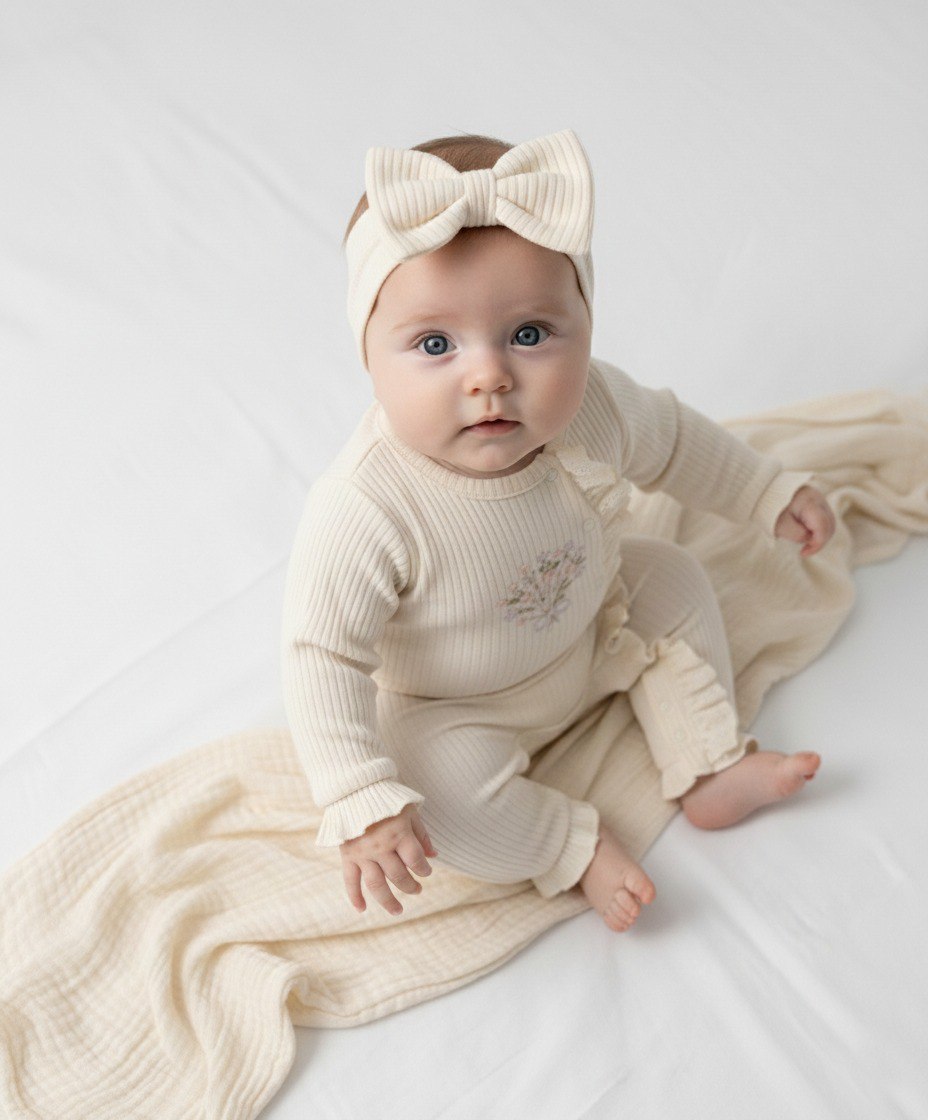 Ensemble bébé en maille côtelée avec bandeau – Élégance naturelle